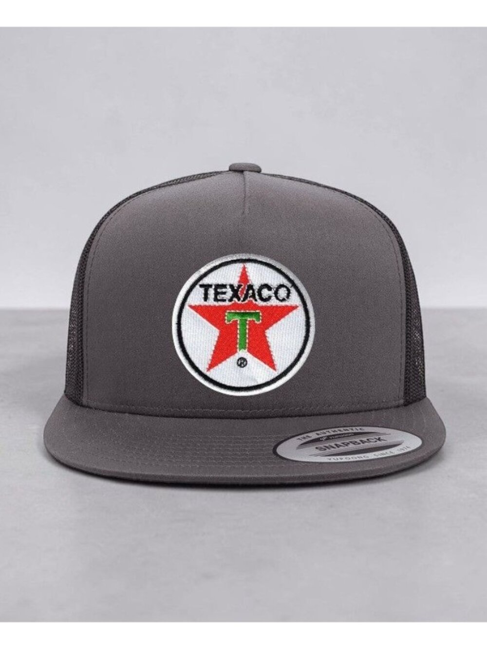 Texaco White Patch on YP Flat Bill Trucker Hat Mesh Back Snapback charcoal/black